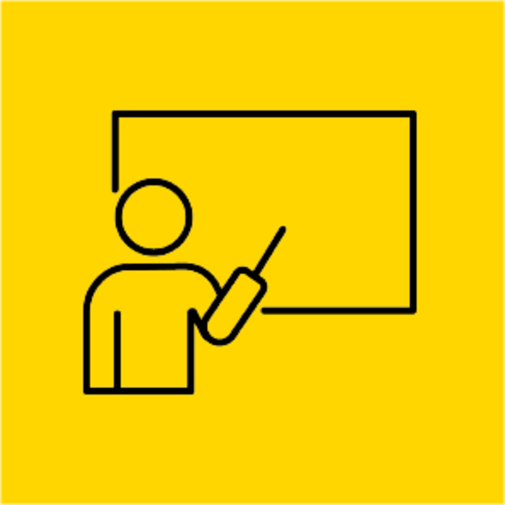 Illustration of a person pointing at a board or screen.